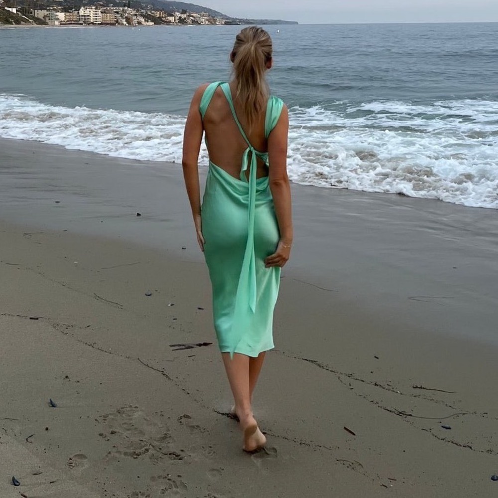 The Bar Max Silk Midi Dress in Verde Mint Green Open Back Tie Detail - 4